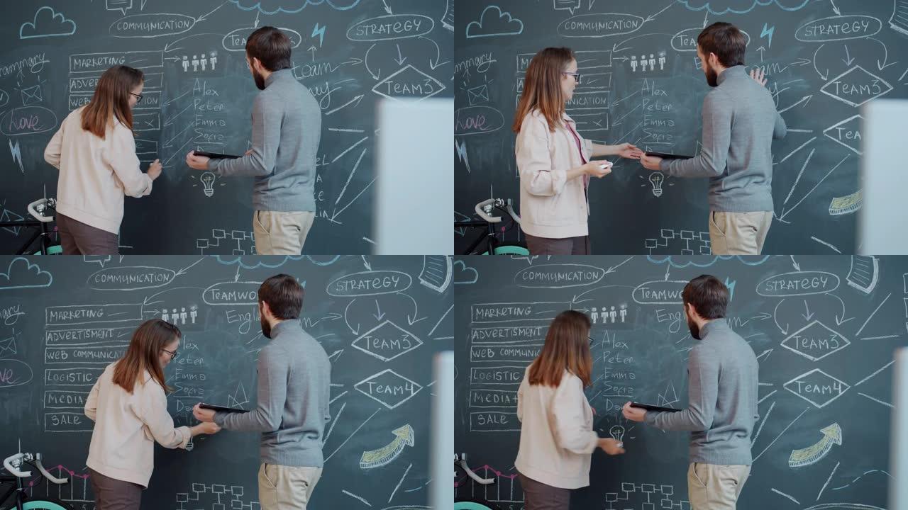 女孩和男孩在室内讨论商业策略并在黑板墙上写作