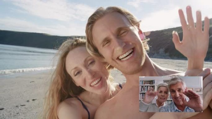 旅行情侣视频聊天，在家与年迈的父母分享海滩上的honeymmon假期微笑和挥手