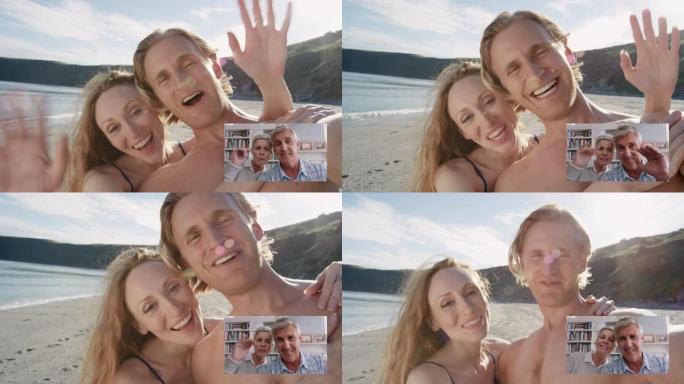 旅行情侣视频聊天，在家与年迈的父母分享海滩上的honeymmon假期微笑和挥手