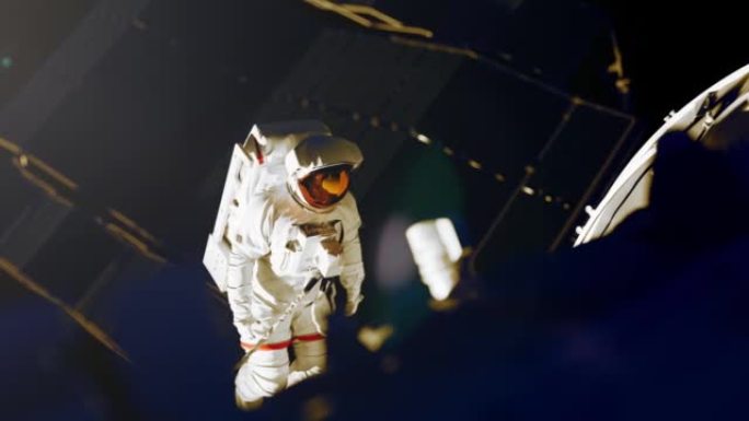 穿着白色宇航服的宇航员与太空中的飞船一起工作