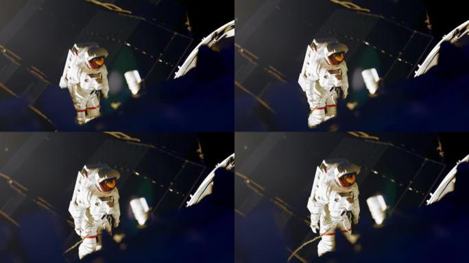 穿着白色宇航服的宇航员与太空中的飞船一起工作
