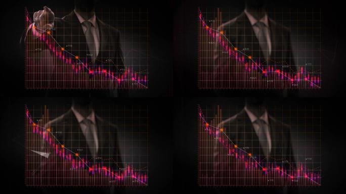 商人向上移动手指，各种动画的股票市场图表和图表。减少红线。4k动画。