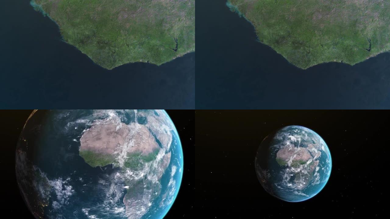 利比里亚地图，通过一个4K照片真实动画地球仪放大到太空，包括非洲，西亚和欧洲的全景。史诗旋转世界动画