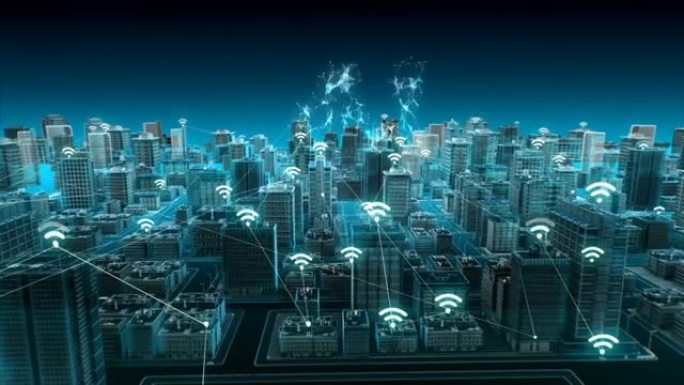 智能城市上的无线智能传感器图标，连接 “i” 技术。蓝色x射线鸟瞰图。4k动画。