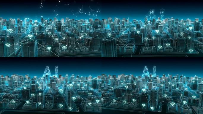 智能城市上的无线智能传感器图标，连接 “i” 技术。蓝色x射线鸟瞰图。4k动画。