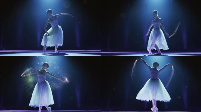 一位年轻优美的古典芭蕾舞女舞者穿着白色芭蕾舞短裙的电影拍摄，在演出开始前，他在经典剧院舞台上用聚光灯
