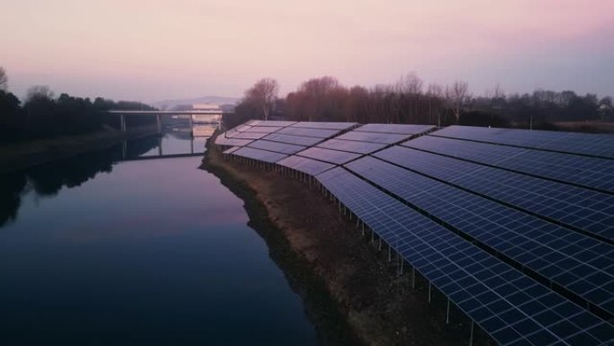 河岸上的无人机太阳能发电厂