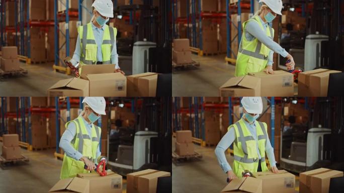 在零售仓库专业工人戴着面膜包装包裹，用胶带分配器密封的纸板箱准备装运。送货配送中心摆满了货架的产品