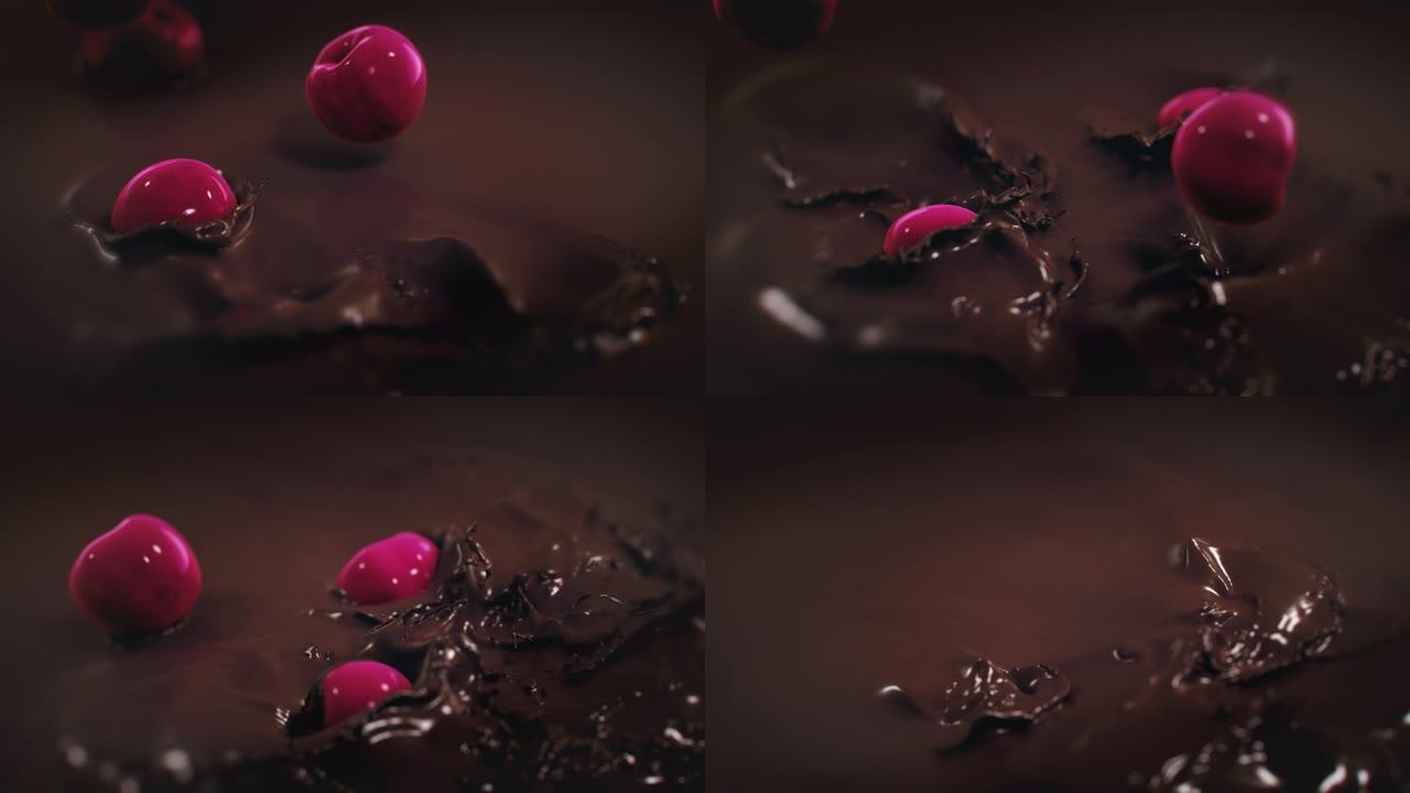 樱桃在4k超慢动作中溅到液态黑巧克力中
