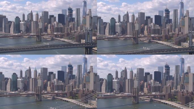 空中: 通往纽约市中心的曼哈顿和布鲁克林大桥的直升机拍摄。