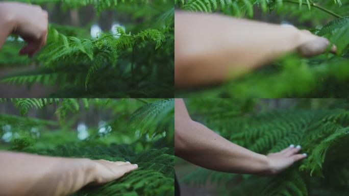 一名女运动员在森林中冥想的慢动作，轨道，手持视频