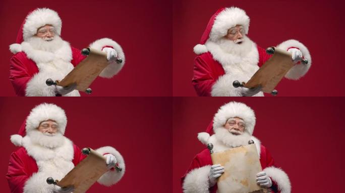 一个微笑的圣诞老人打开纸卷，阅读并微笑，对他所读的内容感到满意，站在红色背景上