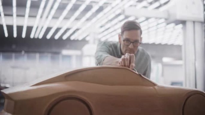 一位创意汽车建模师的肖像，他在用橡皮泥造型粘土制成的概念车上工作。英俊的设计师使用刮铲来平滑现代电动