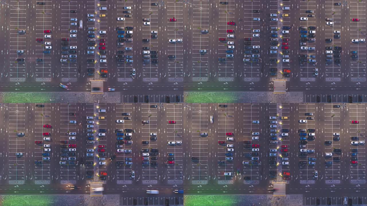 停车场自动运动的鸟瞰图。时间流逝