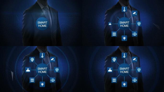 商人触摸智能家居图标。它连接了各种物联网家用电器图标。4k动画。