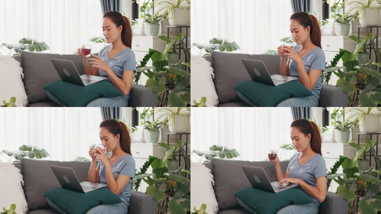 年轻的大学亚洲妇女穿休闲网站在沙发上喝茶使用笔记本电脑放松想想充满植物的想法在客厅室内植物在家里。