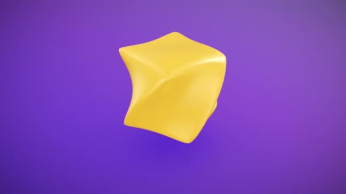 3d形状无缝的抽象几何变形。紫色背景上的黄色物体循环3d动画。圆环、球体、立方体、圆几何技巧概念。令