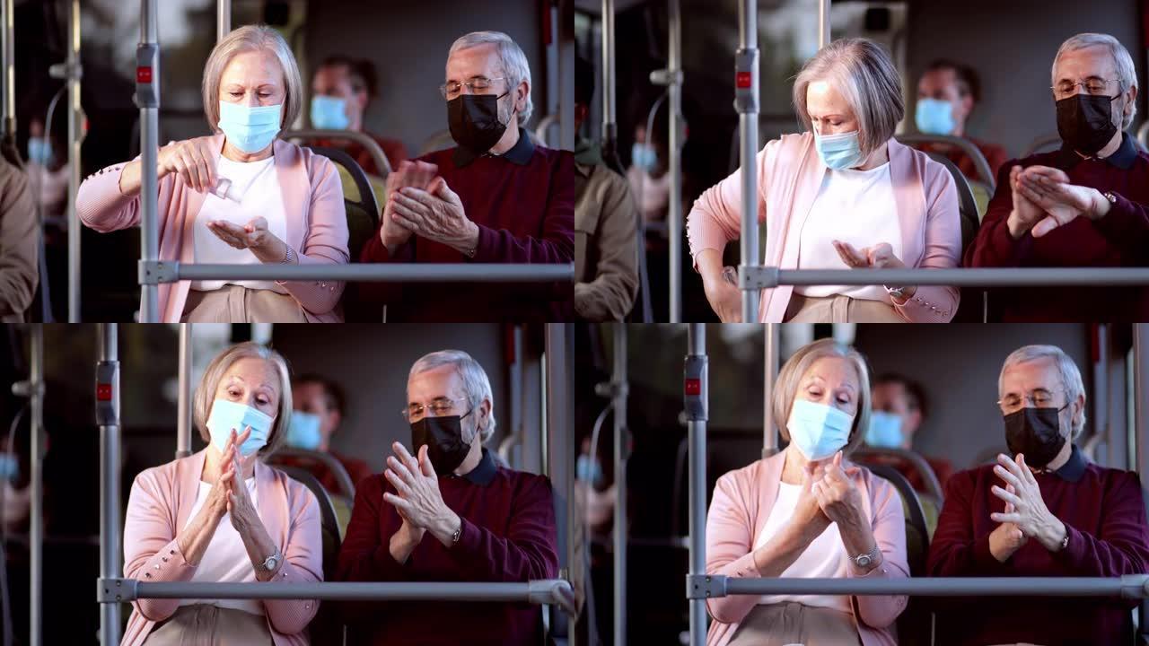 高级夫妇戴着covid口罩消毒公交车内的手