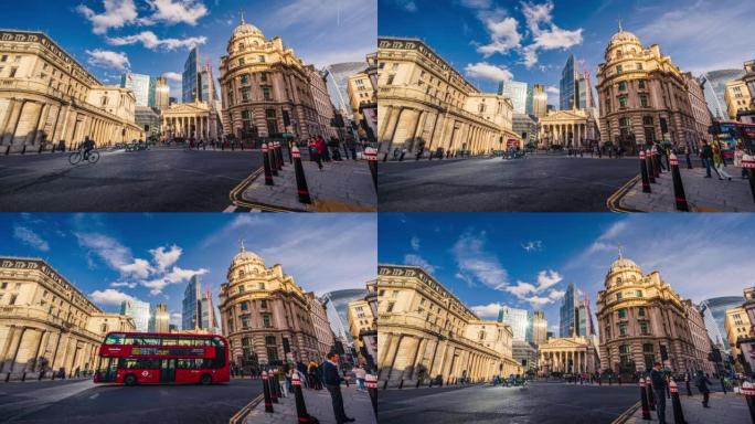 伦敦市区的英格兰银行和伦敦证券交易所拥挤的人和交通的时间流逝