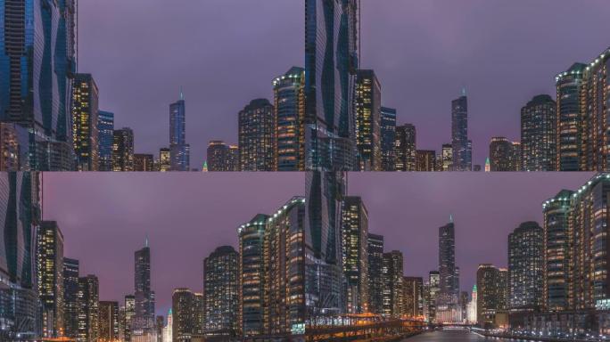 夜间现代建筑中芝加哥河市中心的时间流逝