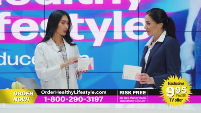 电视脱口秀美容产品商业广告: 女性专业主持人兼专家医生介绍最佳健康产品，保健补品，化妆品。播放电视商
