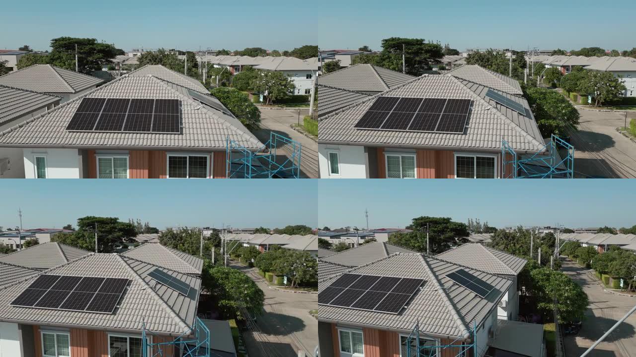 屋顶上太阳能电池板的鸟瞰图。
