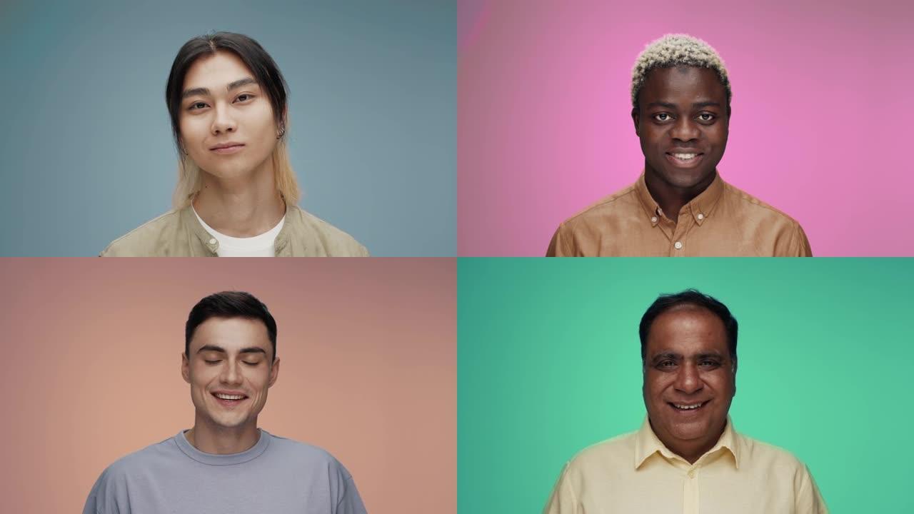 在彩色背景上看着相机的人的肖像特写。混合种族或欢乐男人的多种族多样性的现代概念。非洲裔男性，小男孩和