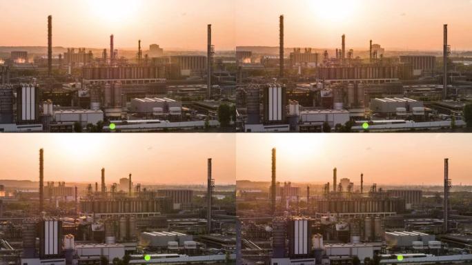 日落时炼油厂的鸟瞰图