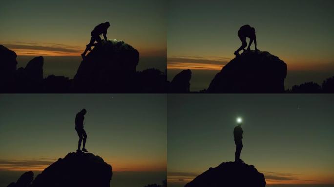 4k视频片段，一名妇女在登山时戴着头灯
