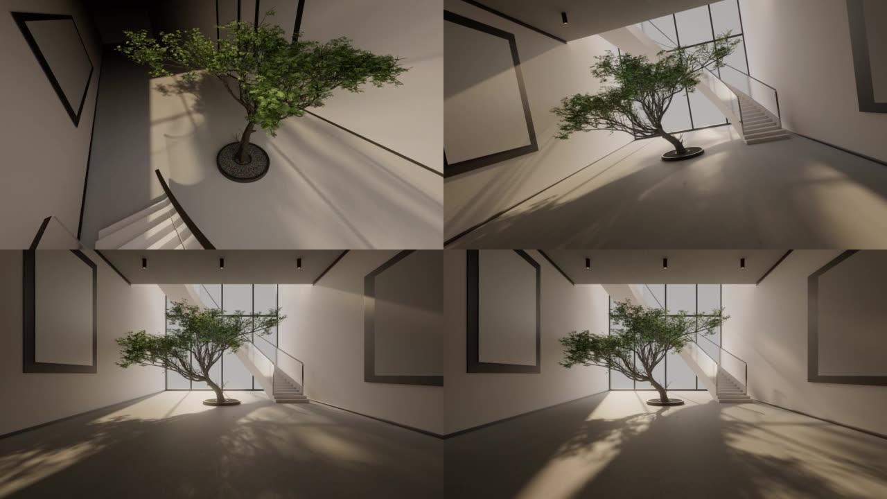 3D建模的现代室内设计与一棵树，相机从顶部飞到一楼