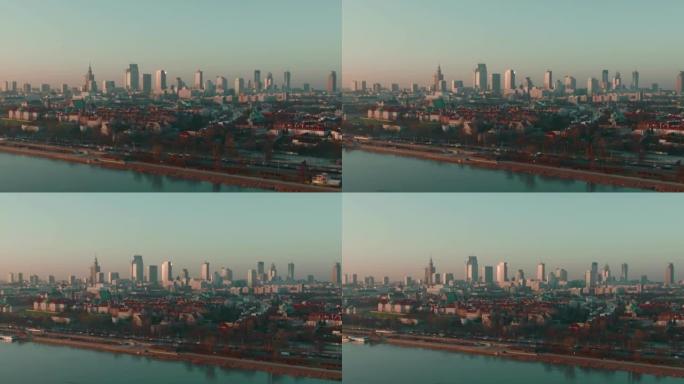 华沙天际线空中全景美丽宁静的城市景观，波兰首都在晴朗的蓝色日出天空下。