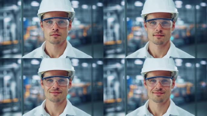 在汽车装配厂的办公室里，一位年轻英俊自信的工程师戴着安全镜和白色安全帽的肖像。在现代工厂从事车辆生产