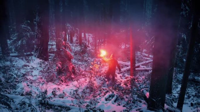 男子灯光耀斑，漫步在白雪皑皑的森林中
