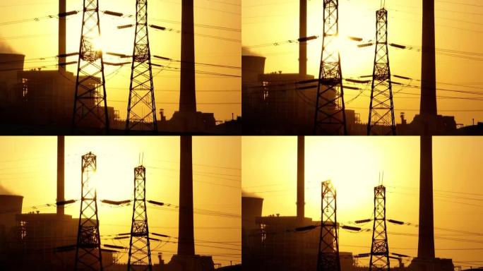 日落时带电站的电塔