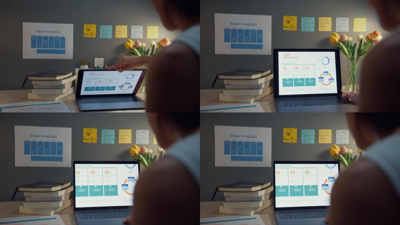 特写镜头年轻的亚洲商务女士自由职业者专注于笔记本电脑写工作表财务图表账户图表市场计划在家庭之夜。在家