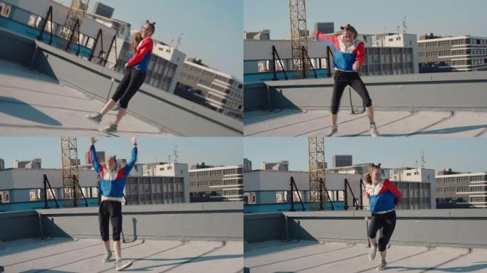 有趣的女人在屋顶上跳舞，庆祝享受愚蠢的舞蹈