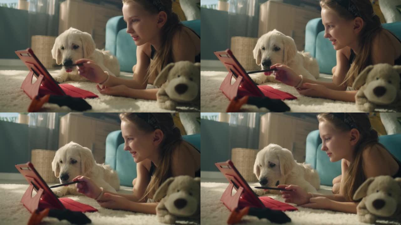 年轻女孩玩狗自学网上教学上网课