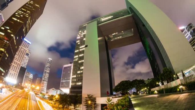 带有交通信号灯和现代建筑的香港城市的时间流逝