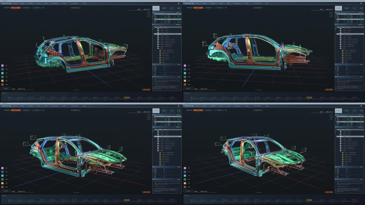 在cad软件中开发的电动汽车车架的3D图形可视化。未来概念车辆的实时动画。计算机显示器的模型VFX模