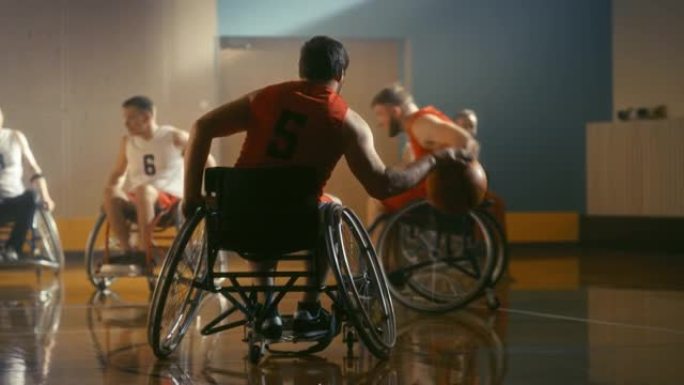 轮椅篮球比赛场地: 现役职业选手比赛，传球，投篮，比赛。残疾人的决心、灵感和技能。慢动作