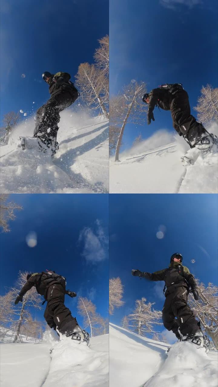 自由式滑雪板从积雪覆盖的斜坡上下来的垂直自拍照