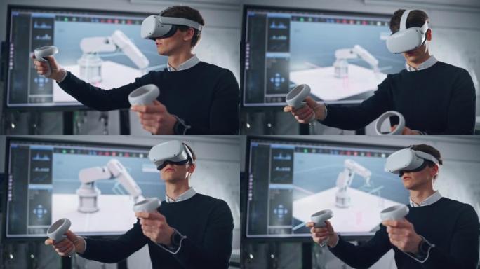 虚拟现实耳机中的男学生手持控制器和远程移动机器人肢体。大屏幕上显示的动作。未来主义大学与增强现实概念