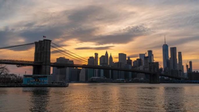 美国纽约，纽约，日落时间和白天到夜景，布鲁克林大桥的城市景观河侧的时间流逝