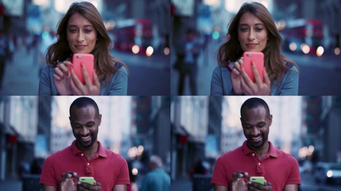 一个年轻男女在城市背景下使用智能手机的4k视频片段