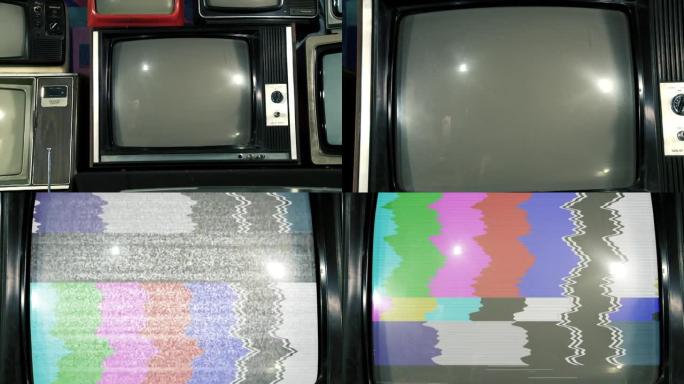 旧电视在许多电视中间打开彩条。80年代的美学。