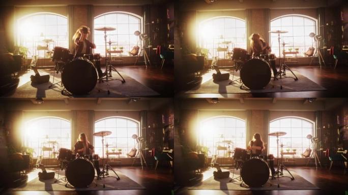 年轻女性在白天温暖的阳光下在阁楼工作室进行乐队排练时打鼓。鼓手女孩在舞台上的现场音乐会前练习。手持镜