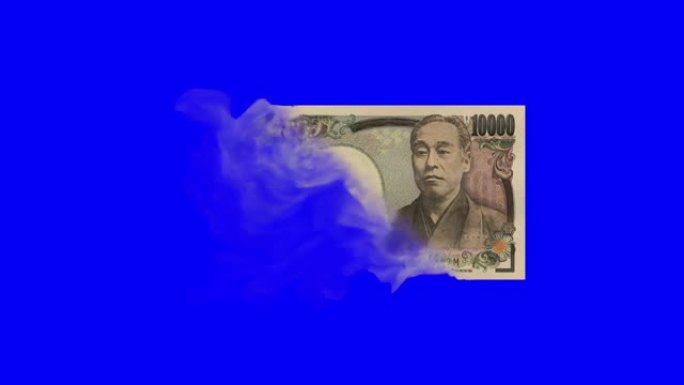 一万日元钞票在蓝屏上消失，色键动画，日本钞票在火焰中消失。金融危机，灾难，损失，衰退，失败，金融，税