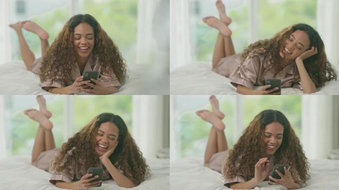 一名年轻女子在家中床上使用智能手机的4k视频片段
