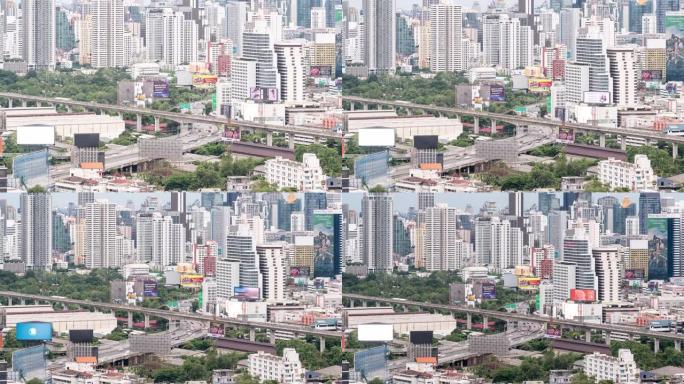 4K UHD缩小延时: 曼谷市中心摩天大楼的天际线，高速公路上有汽车，泰国曼谷有空中火车。现代城市景