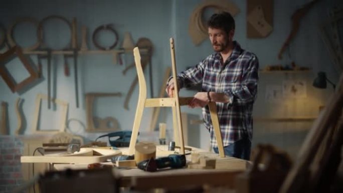 年轻的工匠家具设计师在蓝图上标出尺寸，并开始组装木椅。时髦的木匠在阁楼空间的工作室里工作，墙上挂着工
